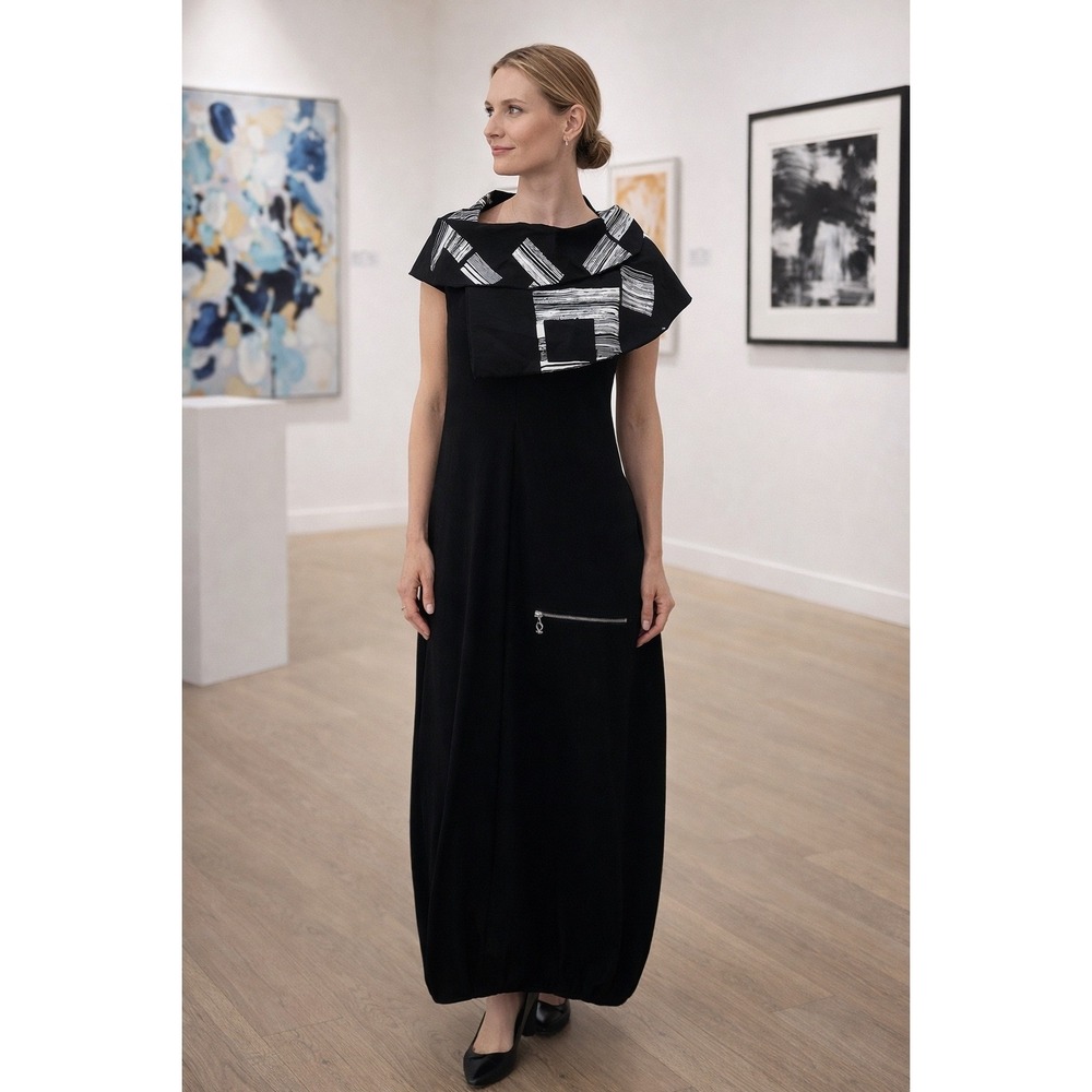 My Soul‎ Maxi Dress Women XS Black Good Avant Garde Abstract Cowl Neck Zipper